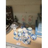 A small collection of Delft ceramics together with two Watney Mann World Cup Ale glasses
