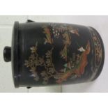 Oriental lacquered biscuit barrel with river scene decoration of figures to include a fisherman,