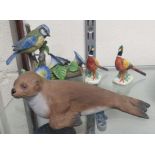 Pair of pheasants together with a Aynsley Common Seal and a bird ornament (4)