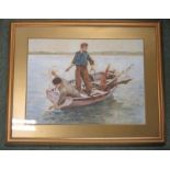 Watercolour of a fishing scene with two fisherman, signed but signature indistinct, framed, 34cm x