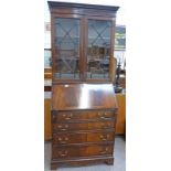 MAHOGANY BUREAU BOOKCASE WITH ASTRAGLED GLASS TOP OVER FALL FRONT BUREAU