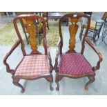 PAIR WALNUT OPEN ARMCHAIRS ON QUEEN ANNE SUPPORTS