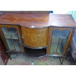 19TH CENTURY INLAID MAHOGANY SIDE CABINET WITH BOW FRONT AND 2 ASTRAGAL GLAZED DOORS