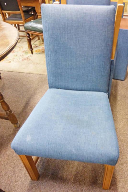 SET OF 8 BLUE UPHOLSTERED DINING CHAIRS ON BEECH SUPPORTS