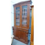 19TH CENTURY MAHOGANY BOOKCASE WITH 2 GLAZED PANEL DOORS OVER DRAWER & 2 PANEL DOORS ON PLINTH