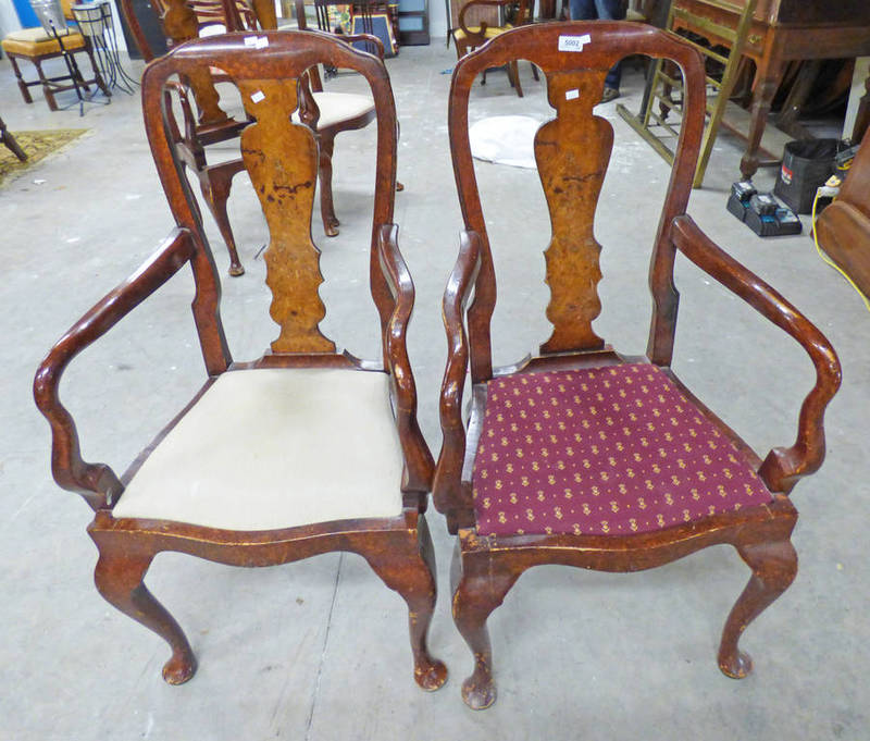 PAIR 19TH CENTURY STYLE WALNUT OPEN ARMCHAIRS ON QUEEN ANNE SUPPORTS