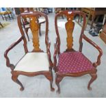 PAIR 19TH CENTURY STYLE WALNUT OPEN ARMCHAIRS ON QUEEN ANNE SUPPORTS