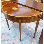 19TH CENTURY MAHOGANY DEMI-LUNE TURNOVER CARD TABLE WITH SATINWOOD CROSSBANDING & BOXWOOD INLAY ON