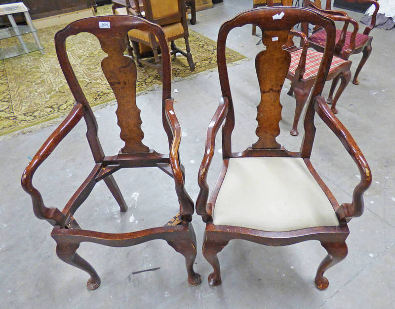 PAIR 19TH CENTURY STYLE WALNUT OPEN ARMCHAIRS ON QUEEN ANNE SUPPORTS