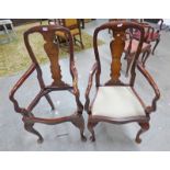 PAIR 19TH CENTURY STYLE WALNUT OPEN ARMCHAIRS ON QUEEN ANNE SUPPORTS