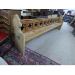 GOTHIC STYLE PINE PEW Condition Report: Needs bigger screws as loose, s 304 CM LONG,