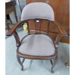 ARTS & CRAFTS STYLE MAHOGANY ARMCHAIR ON SHAPED SUPPORTS