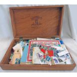 VARIOUS STAMPS IN TOBACCO WOODEN BOX INCLUDING SOME MINT, MALTA , KOREA,