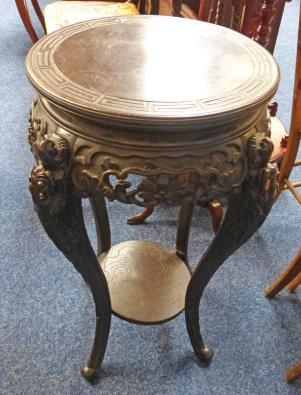 19TH CENTURY CHINESE HARDWOOD CIRCULAR TOP POT STAND ON SHAPED SUPPORTS