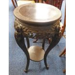 19TH CENTURY CHINESE HARDWOOD CIRCULAR TOP POT STAND ON SHAPED SUPPORTS
