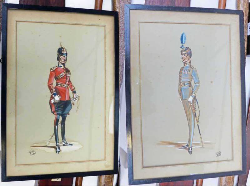 2 PAINTINGS OF OFFICERS IN FULL DRESS UNIFORM AND WEARING WW1 MEDALS BY GHB XX11 (1922) 24 X 37CM