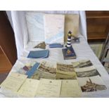SELECTION OF EARLY POSTCARDS AND PHOTOGRAPHS, NORIES NAUTICAL TABLES, BRASS MILITARY HAT PLATE,