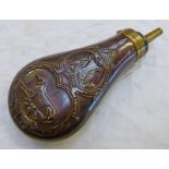 COPPER PISTOL FLASK DECORATED WITH LYING HOUND UNDER TWO STANDING BIRDS,