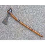 SOUTH AFRICAN HARDWOOD AND IRON AXE WITH BULB SHAPED HEAD AND BANDED SHAFT 51CMS LONG