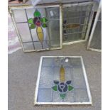 3 ARTS & CRAFTS LEADED GLASS PANELS OVERALL SIZE 58 X 61 CMS IN METAL FRAME