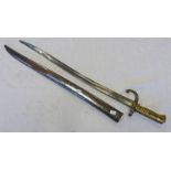 FRENCH SWORD BAYONET, CHASSEPOT RIFLE CIRCA 1868 WITH BRASS GRIP, IRON CROSS GUARD, HOOK QUILLION,