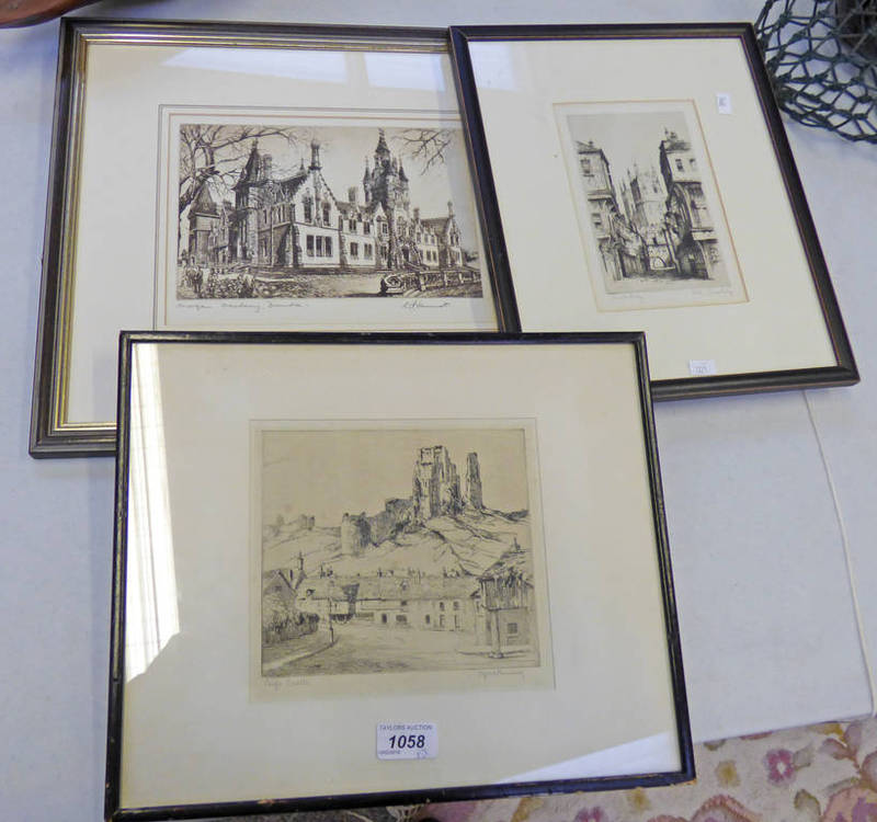 FRAMED ETCHING CORFE CASTLE, SIGNED CYRIL ANNING, ETCHING OF MORGAN ACADEMY SIGNED W.P.