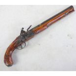 20 BORE FLINTLOCK PISTOL WITH 29CM LONG 2 STAGED BARREL OVERLAID WITH BRASS LOCK MARKED CLAYTON,