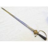 BRASS HILTED HUNTING HANGER WITH 58 CM SINGLE EDGED FULLERED BLADE INCISED WITH 1 MARK TO BOTH