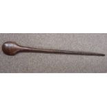 PACIFIC ISLANDS WOODEN WAR CLUB OF FLATTENED ROUNDED HEAD TAPERING SHAFT WITH CARVED DECORATIVE,