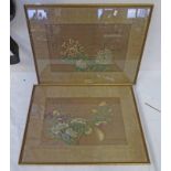 2 FRAMED WATERCOLOURS OF CHRYSANTHEMUM ON MATERIAL ORIENTAL 24 X 39 Condition Report: