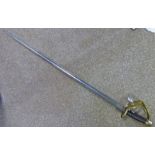 CAVALRY SWORD WITH FULLERED UNMARKED STRAIGHT BLADE 95CM LONG,