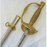 AMERICAN OFFICERS DRESS SWORD WITH ORNATE BRASS FOLD DOWN GUARD ON 76CM BLADE ETCHED US AND WITH