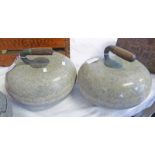 PAIR OF GRANITE CURLING STONES WITH WOODEN GRIPS