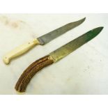 BOWIE STYLE KNIFE WITH STEEL BLADE ETCHED WITH THISTLES AND ANTLER GRIP & BOWIE STYLE KNIFE WITH