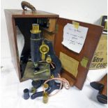 SERVICE MICROSCOPE WITH VARIOUS LENSES IN MAHOGANY BOX BY W.