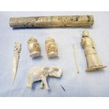 19TH CENTURY CARVED IVORY TWO PART HANDLE, IVORY FIGURE, IVORY ELEPHANT,