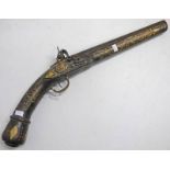 TURKISH FLINTLOCK PISTOL WITH DECORATIVE BRASS INLAY AND 30CM LONG GILT DECORATED BARREL