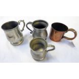 3 PEWTER TANKARDS WITH INTERESTING STAMP MARKS AND A COPPER CUP -4-