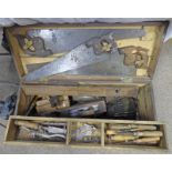 PINE BOX & CONTENTS OF TOOLS INCLUDING PLANES, CHISELS,