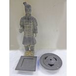 CHINESE FIGURE 47CMS & CAST IRON CENSOR WITH BASE