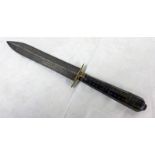 19TH CENTURY SMALL BOWIE TYPE KNIFE, DOUBLE EDGE STEEL BLADE STAMPED 'LONDON', NICKLE CROSS GUARD,