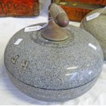 GRANITE CURLING STONE MARKED J.H. WITH WOODEN GRIP Condition Report: 26cm across.