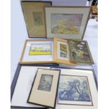 VARIOUS FRAMED PICTURES, CRYSTOLEUMS, ETCHING FROM THE GLASGOW SCHOOL OF ARTS, THE PROPHET SIGNED W.
