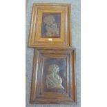 2 ARTS & CRAFTS STYLE METAL PLAQUES IN OAK FRAMES GIRL WITH CAT SIGNED E LLANDEME 38 X 25CM