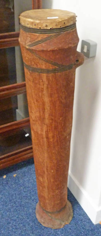 SOUTH AFRICAN DRUM WITH HIDE TOP - 129CM TALL DECORATED WITH RED PIGMENT AND BANDED HORIZONTAL &