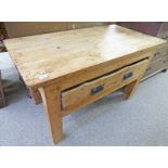 PINE BUTCHERS TABLE WITH DRAWER Condition Report: 129cm wide,