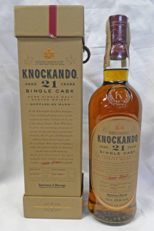 1 BOTTLE KNOCKANDO 21 YEAR OLD SINGLE MALT WHISKY, DISTILLED 1978, 43% VOL 750 ML,