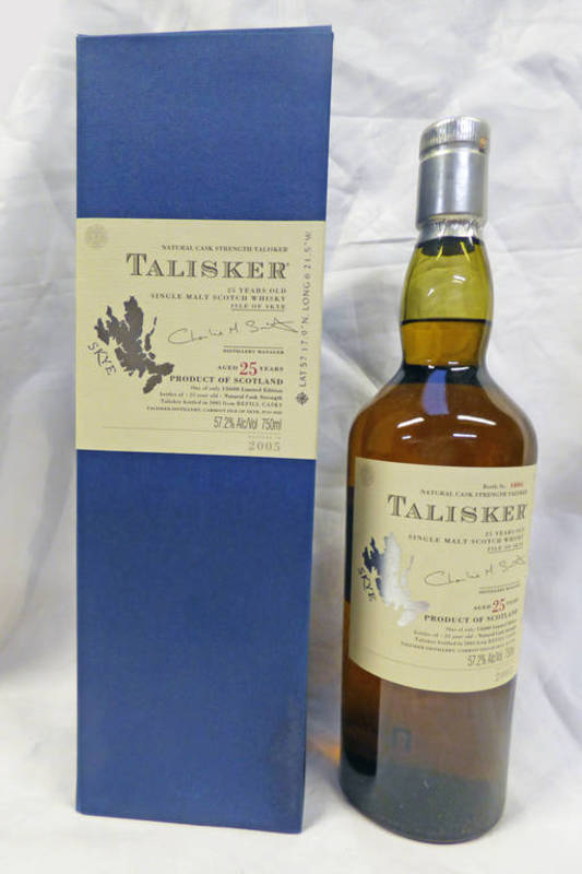 1 BOTTLE TALISKER 25 YEAR OLD SINGLE MALT WHISKY, 2005 LIMITED EDITION, 57.2% VOL 750 ML, BOXED.