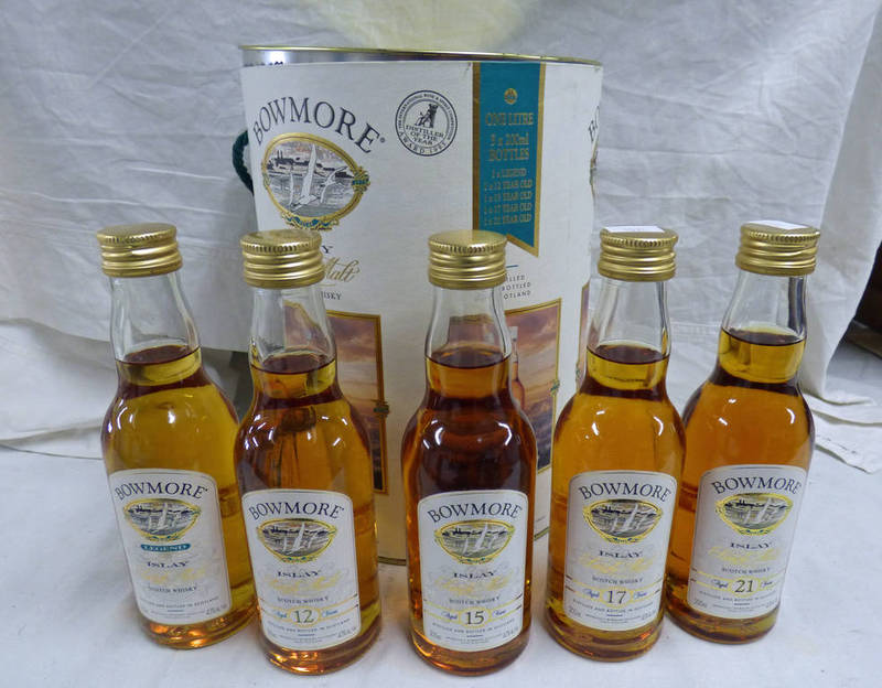 BOWMORE SINGLE MALT WHISKY WITH 5 200ML BOTTLES INCLUDING 21 YEAR OLD , 17 YEAR OLD 15 YEAR OLD ,