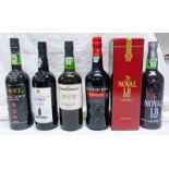 5 BOTTLES OF VARIOUS PORT TO INCLUDE CHURCHILLS 10 YEAR OLD TAWNY PORT, 75CL,
